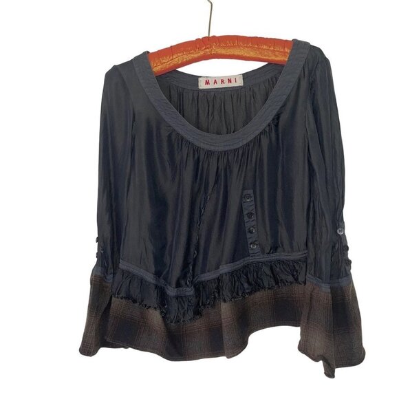 Marni Womens Top Size Small Cropped Bell Sleeve Flannel Ruffle Black Brown Plaid - Picture 12 of 15